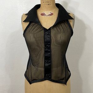 Shirley of Hollywood black mesh sheer sleeveless top w satin collar and trim